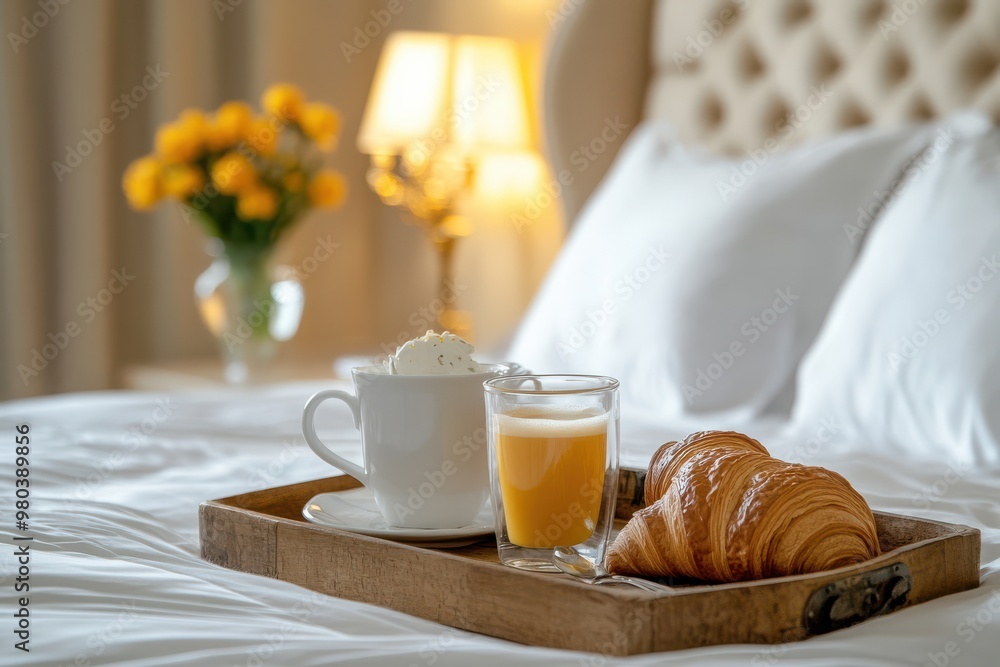 A cozy morning in a hotel with a tray of breakfast treats on a fuzzy bed background A cozy morning in a hotel with a tray of breakfast treats on a fuzzy bed background
