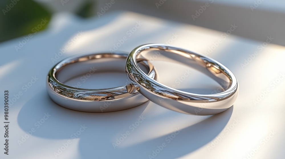 Two elegant wedding rings resting on a surface, symbolizing love. Two elegant wedding rings resting on a surface, symbolizing love.
