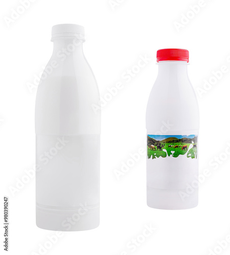 Two white plastic bottles standing on white background photo