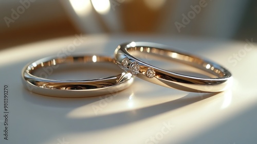 Two elegant wedding rings with sparkling details on display.