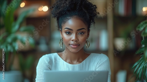 Confident Young Black Woman Working on Laptop in a Cafe