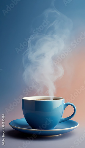 A Blue coffee cup with steams on a blue background. Smoke coming from hot drink, Pastel background, tea