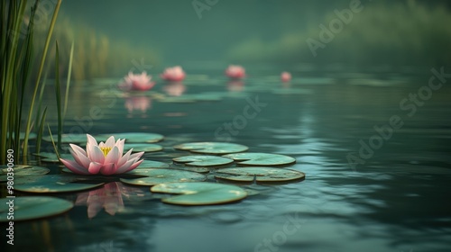 A quiet pond with lily pads and blooming flowers, set against a green screen, creates a tranquil and beautiful scene