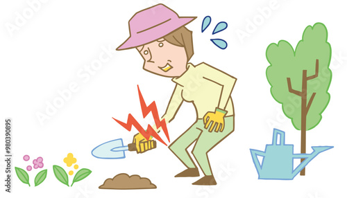 ガーデニング作業中の膝が痛い女性のベクターイラスト