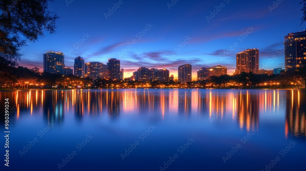 City Skyline Reflected in Calm Water at Twilight City Skyline Reflected in Calm Water at Twilight