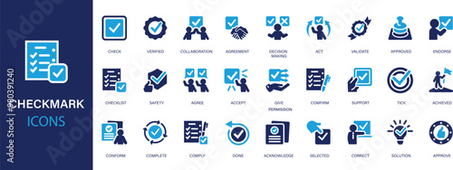 Check mark flat icons set. Approved, selected, accept, check, message, correct icons and more signs. Flat icon collection.