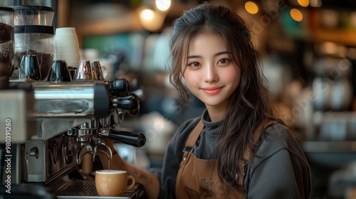 Young woman barista making coffee in a cafe