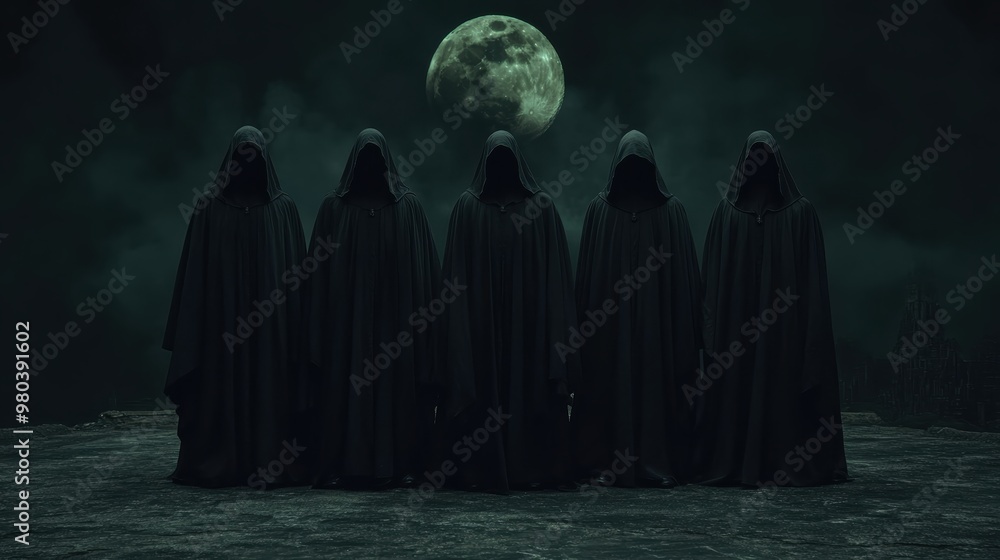 Five shadowy figures in dark robes, their faces hidden beneath hoods, exude a chilling and enigmatic presence. Five shadowy figures in dark robes, their faces hidden beneath hoods, exude a chilling and enigmatic presence.
