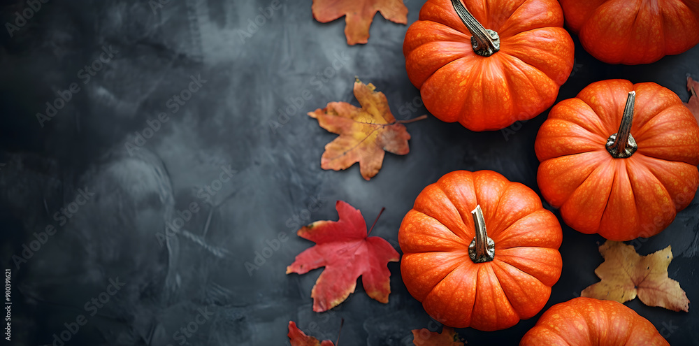 A top-down view of rustic autumn pumpkins arranged on a wooden surface. The pumpkins are various sizes and colors, surrounded by fallen leaves
A top-down view of rustic autumn pumpkins arranged on a wooden surface. The pumpkins are various sizes and colors, surrounded by fallen leaves