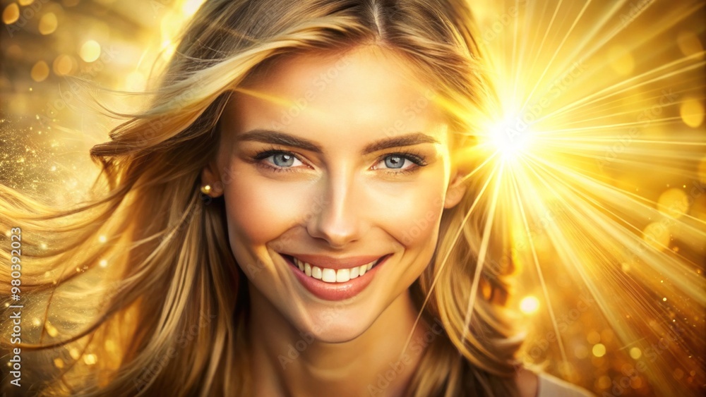 Beaming woman with sunlight illuminating her face, casting a golden glow and illuminating her features. Beaming woman with sunlight illuminating her face, casting a golden glow and illuminating her features.