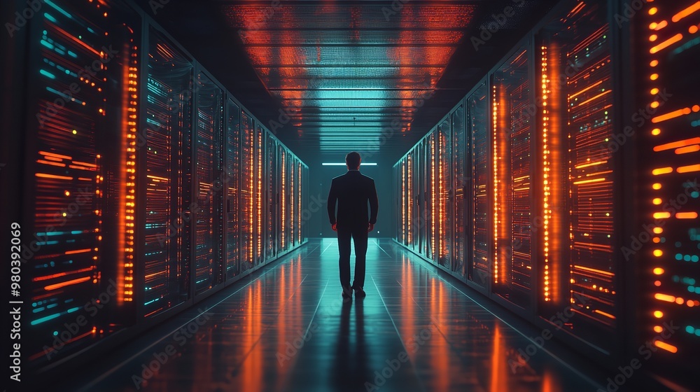 IT specialist stands in a server room, surrounded by racks of humming servers and blinking LED lights IT specialist stands in a server room, surrounded by racks of humming servers and blinking LED lights