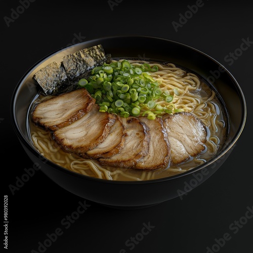 a photorealistic bowl of ramen. It hould be topped with Chashu slices, Menma, Bean Sprouts and Green onions photo