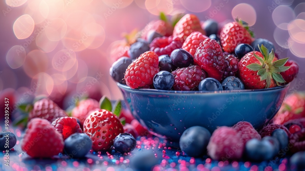 Berry Explosion: A bowl overflowing with fresh berries like strawberries, blueberries, and raspberries, set against a bright and colorful background, capturing the freshness and sweetness of summer Berry Explosion: A bowl overflowing with fresh berries like strawberries, blueberries, and raspberries, set against a bright and colorful background, capturing the freshness and sweetness of summer