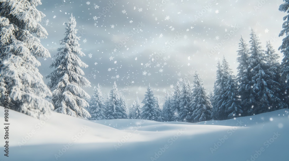 A snow-covered pine forest with gently falling snowflakes. A snow-covered pine forest with gently falling snowflakes.