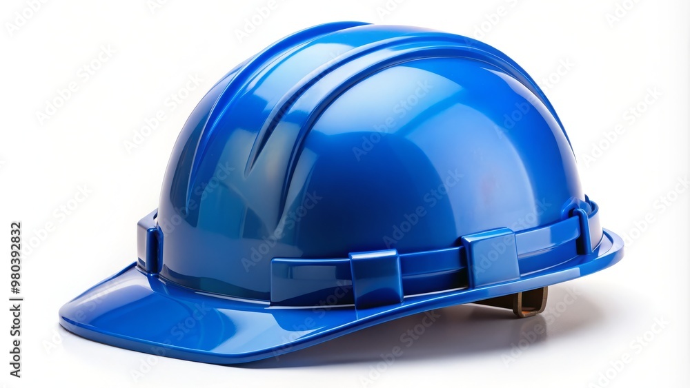 Blue hard hat with brim and chin strap isolated on a white background with drop shadow Blue hard hat with brim and chin strap isolated on a white background with drop shadow