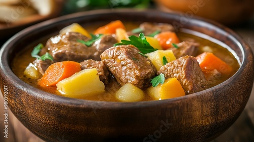 Detailed shot of a hearty beef stew with tender meat, vegetables, and a rich gravy, served in a rustic bowl, capturing the comforting and satisfying appearance