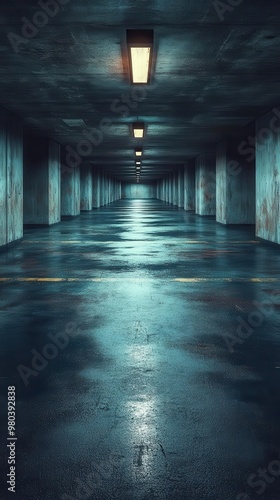 minimalist underground parking garage with dramatic lighting empty concrete space with bold shadows and geometric lines cool tones and stark contrast create an urban cinematic atmosphere