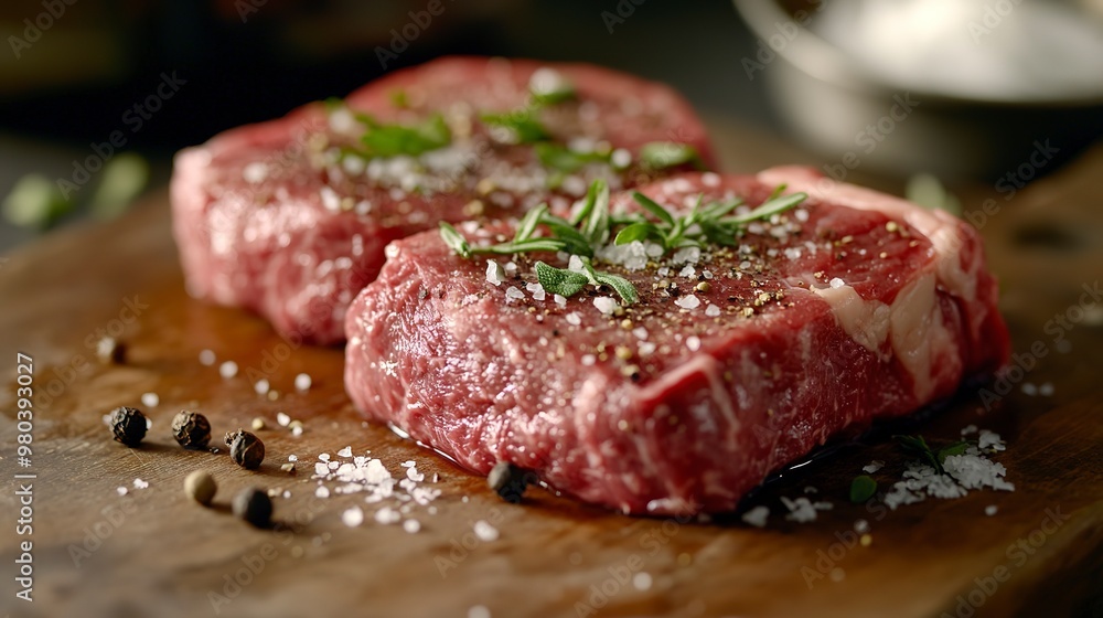 Raw steak cuts on a wooden board, with fresh herbs, peppercorns, and sea salt sprinkled on top. Raw steak cuts on a wooden board, with fresh herbs, peppercorns, and sea salt sprinkled on top.