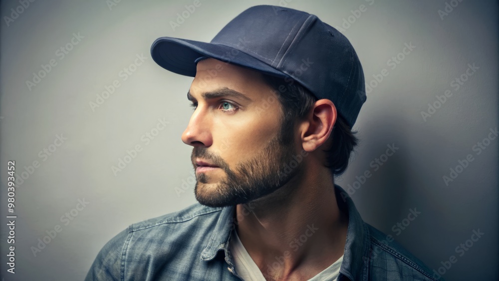 Casual male wearing a baseball cap backwards while looking pensively to the side Casual male wearing a baseball cap backwards while looking pensively to the side