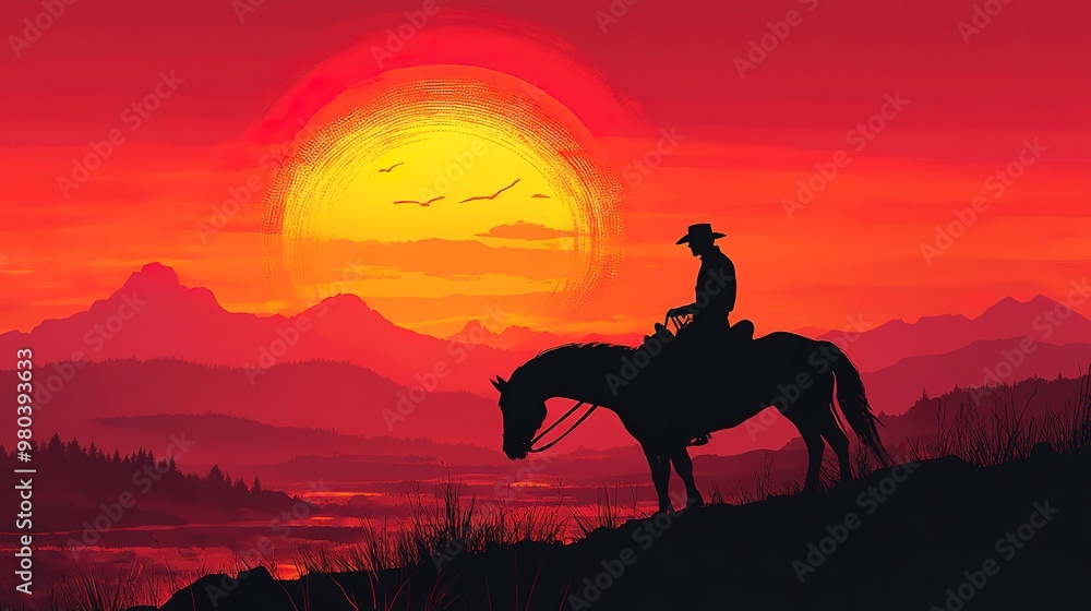 Fototapeta premium A silhouetted cowboy on horseback against a vivid sunset landscape