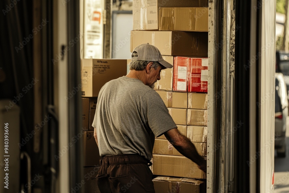 A man in a gray shirt loading cardboard boxes into a truck. A man in a gray shirt loading cardboard boxes into a truck.