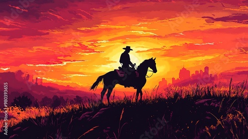 A silhouetted cowboy on horseback against a vivid sunset landscape. 