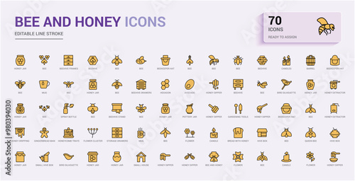 Colorful set of bee and honey icons. Color outline icon collection, line icons for web and ui. Vector illustration. Icon names are written in English.