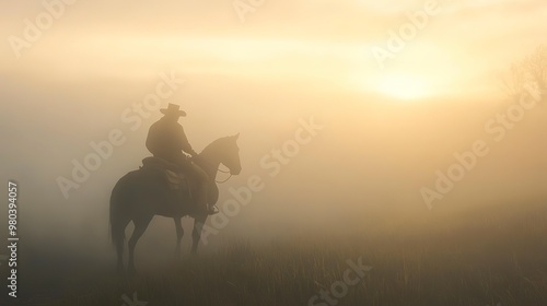 The faint shadow of a cowboy on horseback blending into the early morning mist. 