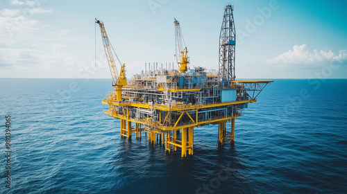 Offshore oil and gas rig construction station platform on the sea. Industry searching for fuel and energy, extract process petroleum and natural gas at ocean beneath seabed