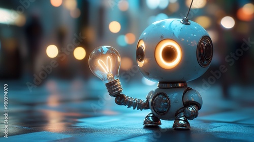 Friendly Robot Illuminating with Lightbulb