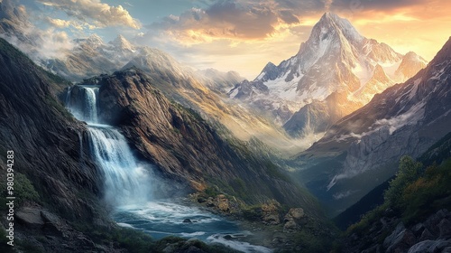 A waterfall cascades down the rugged slopes of mountains, creating a stunning visual contrast between the flowing water and the solid, imposing peaks.