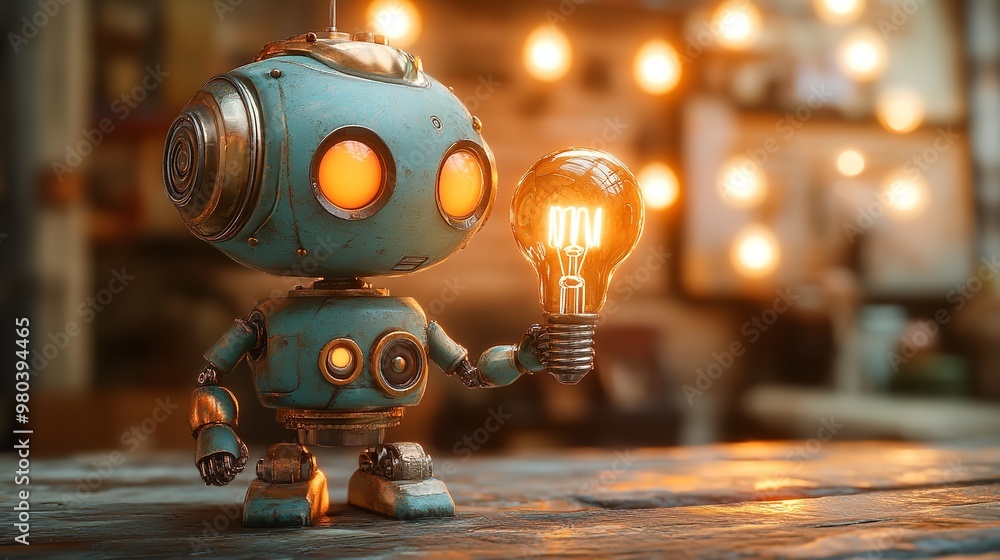 Fototapeta premium Glowing Robot Head in Futuristic Workshop Idea Concept with Copy Space