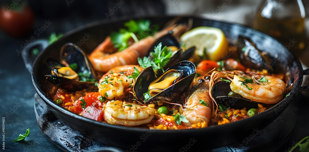 Seafood paella in black pan dark, isolated on dark background Seafood paella in black pan dark, isolated on dark background