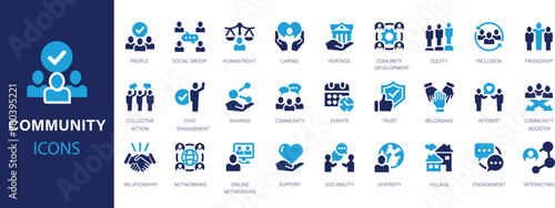 Community icons set. Friendship, caring, networking, sociability, interest, inclusion icon symbol. Flat icons collection.