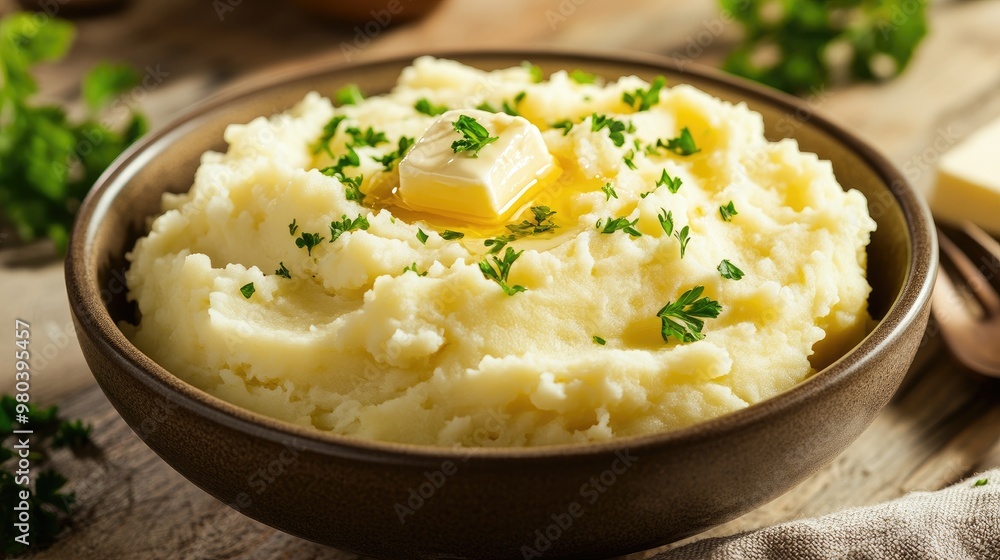 A bowl of creamy mashed potatoes, topped with butter and parsley, ready to serve A bowl of creamy mashed potatoes, topped with butter and parsley, ready to serve