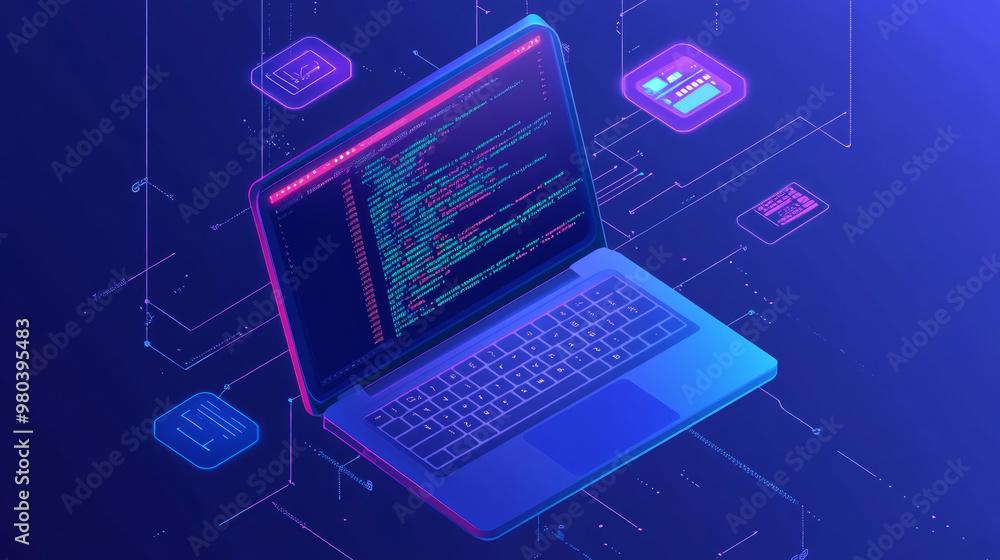 Laptop displaying code on the screen, surrounded by icons representing programming apps and software development. Isometric conceptual illustration highlighting collaboration via the internet or cloud Laptop displaying code on the screen, surrounded by icons representing programming apps and software development. Isometric conceptual illustration highlighting collaboration via the internet or cloud