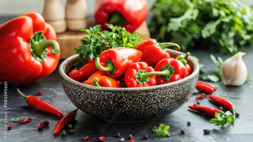 A bowl of red bell peppers and chili peppers on a kitchen counter with fresh herbs scattered around. A bowl of red bell peppers and chili peppers on a kitchen counter with fresh herbs scattered around.