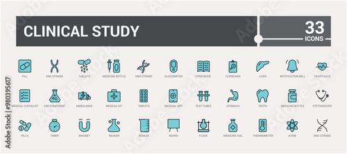 Clinical study colorful icons collection. Set and pack of web and ui medical icons. Vector illustration. Healthcare icon names are written in English.