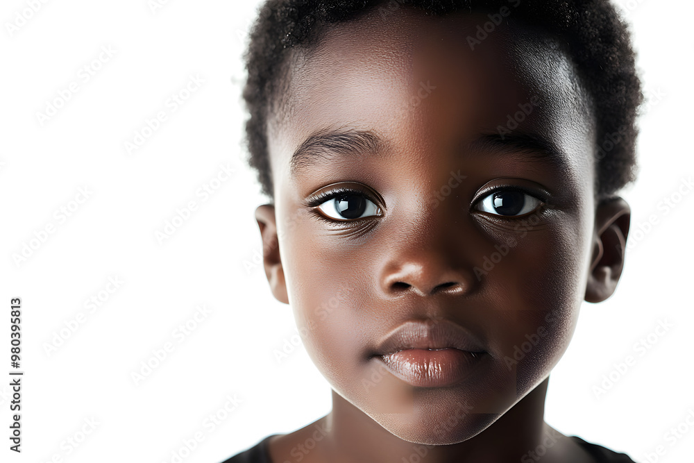 A close-up portrait of an African small boy with black skin against a white background A close-up portrait of an African small boy with black skin against a white background