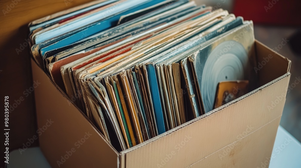 Obraz premium A box full of old vinyl records, with vintage music albums peeking out from the top.