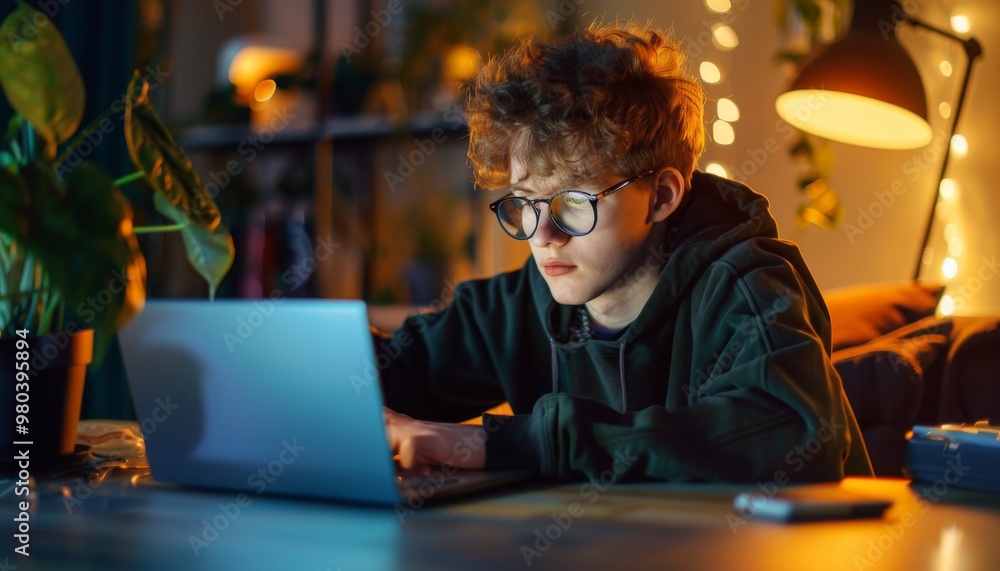Young Man Working on Laptop at Night Young Man Working on Laptop at Night