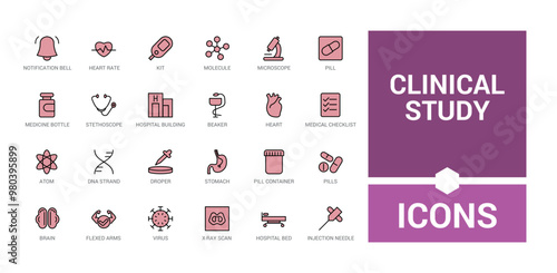 Clinical study colorful icons collection. Set and pack of web and ui medical icons. Vector illustration. Healthcare icon names are written in English.