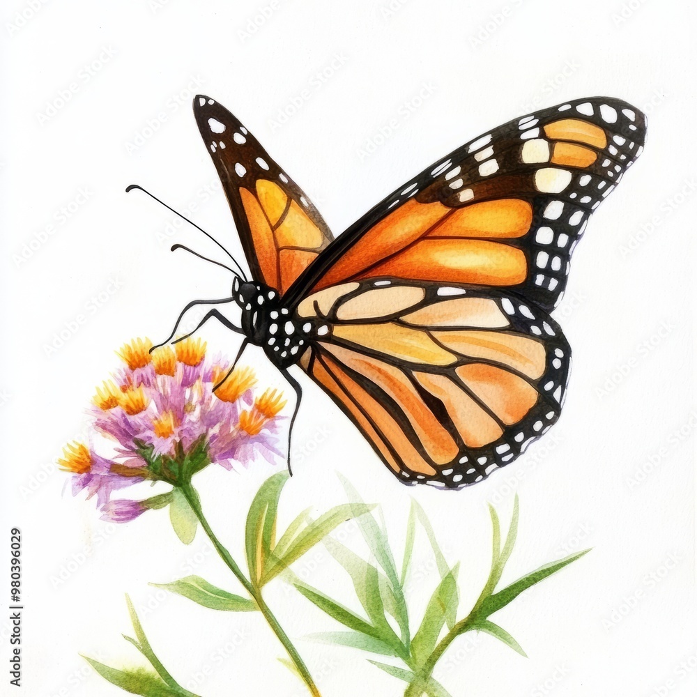 Fototapeta premium A beautiful monarch butterfly perched delicately on a vibrant flower, showcasing the beauty of nature and the elegance of wildlife.