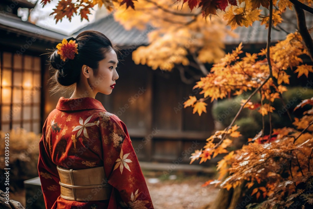 A Japanese girl in a traditional national costume - a kimono. On a fabulous background of lanterns and autumn trees. The portrait symbolizes the traditions and culture of the people of Japan. A Japanese girl in a traditional national costume - a kimono. On a fabulous background of lanterns and autumn trees. The portrait symbolizes the traditions and culture of the people of Japan.