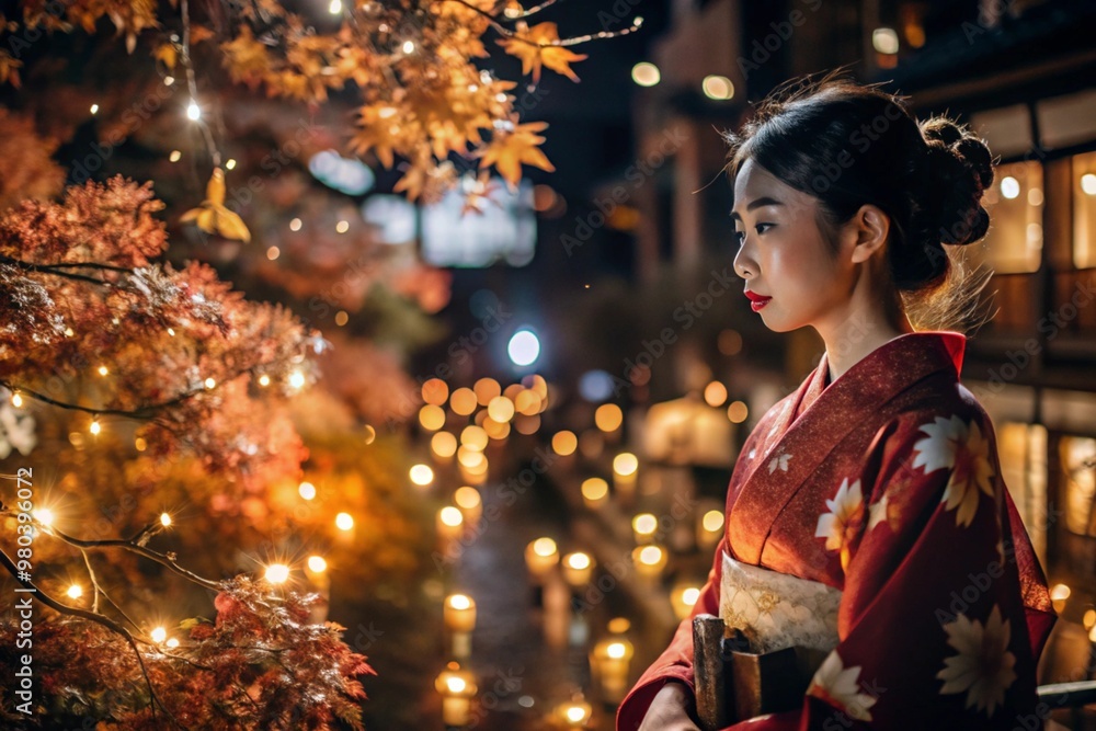 A Japanese girl in a traditional national costume - a kimono. On a fabulous background of lanterns and autumn trees. The portrait symbolizes the traditions and culture of the people of Japan. A Japanese girl in a traditional national costume - a kimono. On a fabulous background of lanterns and autumn trees. The portrait symbolizes the traditions and culture of the people of Japan.
