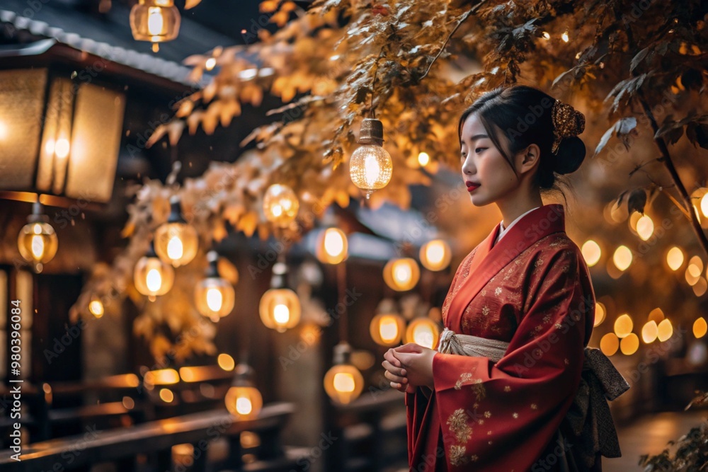 A Japanese girl in a traditional national costume - a kimono. On a fabulous background of lanterns and autumn trees. The portrait symbolizes the traditions and culture of the people of Japan. A Japanese girl in a traditional national costume - a kimono. On a fabulous background of lanterns and autumn trees. The portrait symbolizes the traditions and culture of the people of Japan.