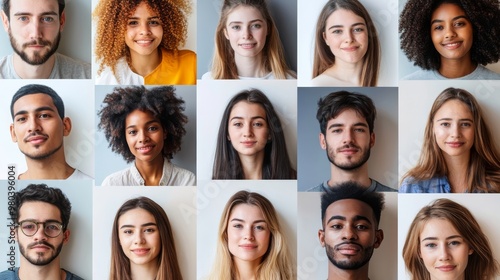 A close-up collage features a random arrangement of passport-sized images, highlighting a diverse range of individuals with different expressions and styles