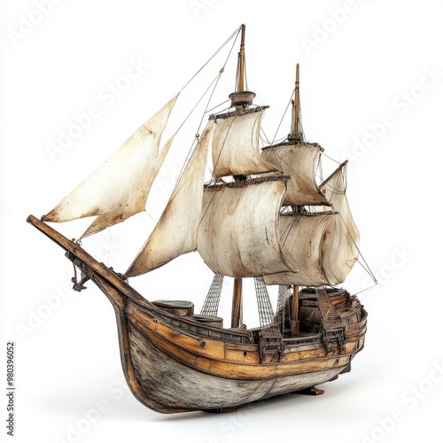 A beautifully detailed wooden ship model featuring billowing sails and intricate craftsmanship, perfect for nautical decor. photo