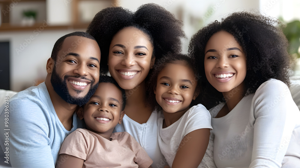 A happy family gathered together, all smiling and relaxed as they enjoy each other's company A happy family gathered together, all smiling and relaxed as they enjoy each other's company