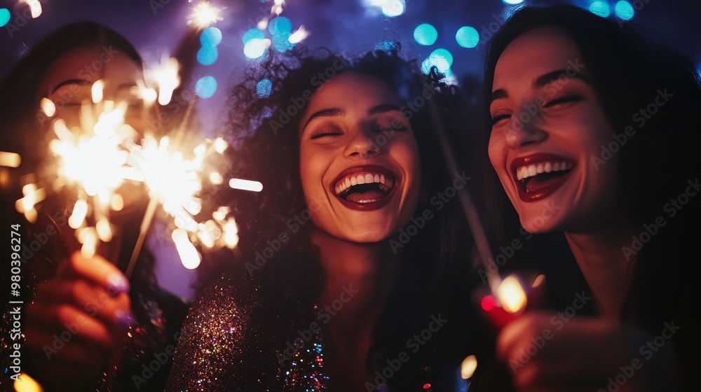 A lively group of friends shares joyful moments while holding sparklers during a New Year’s Eve celebration, surrounded by twinkling lights and laughter A lively group of friends shares joyful moments while holding sparklers during a New Year’s Eve celebration, surrounded by twinkling lights and laughter